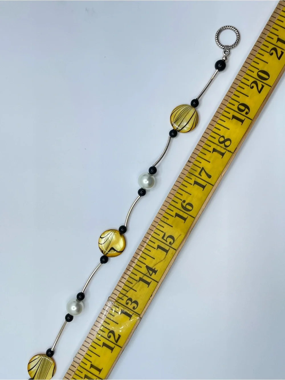 Silver Tone Beaded Necklace MOP Disc Faux Pearl Black Bead Toggle Boho